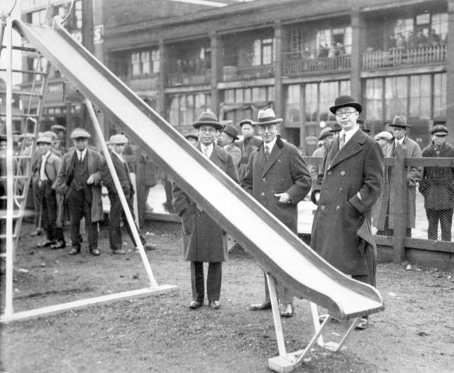 Item - CVA 1477-68 - [Mayor L.D. Taylor at opening of children's playground at Carrall and Pender streets] 1928.